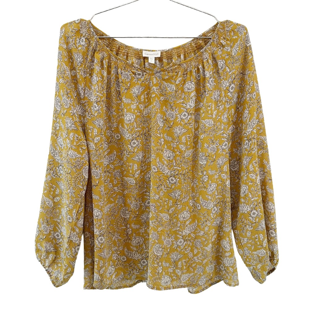 GARNET HILL 100% Silk Floral Blouse • Small • yellow white • boho cottagecore